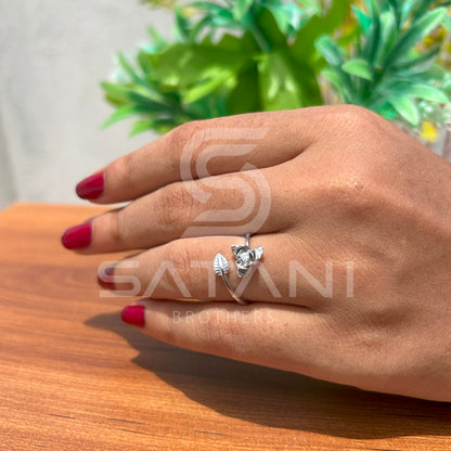 Sterling Silver Rose & Leaf Adjustable Ring – Nature-Inspired Floral Design