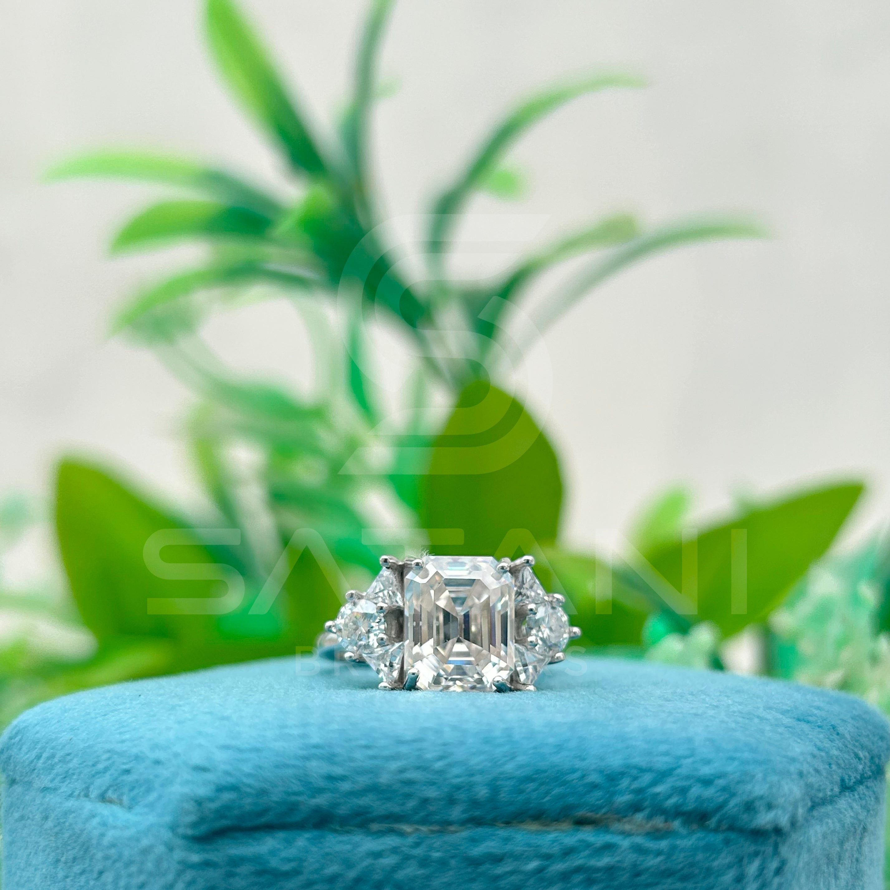 Vintage Emerald Cut Engagement Ring | Art Deco Moissanite Ring with Halo and Side Accents | Glamorous Statement Bridal Jewelry