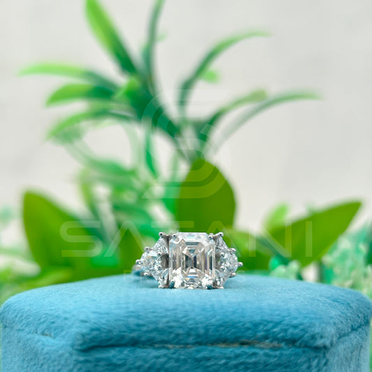 Vintage Emerald Cut Engagement Ring | Art Deco Moissanite Ring with Halo and Side Accents | Glamorous Statement Bridal Jewelry