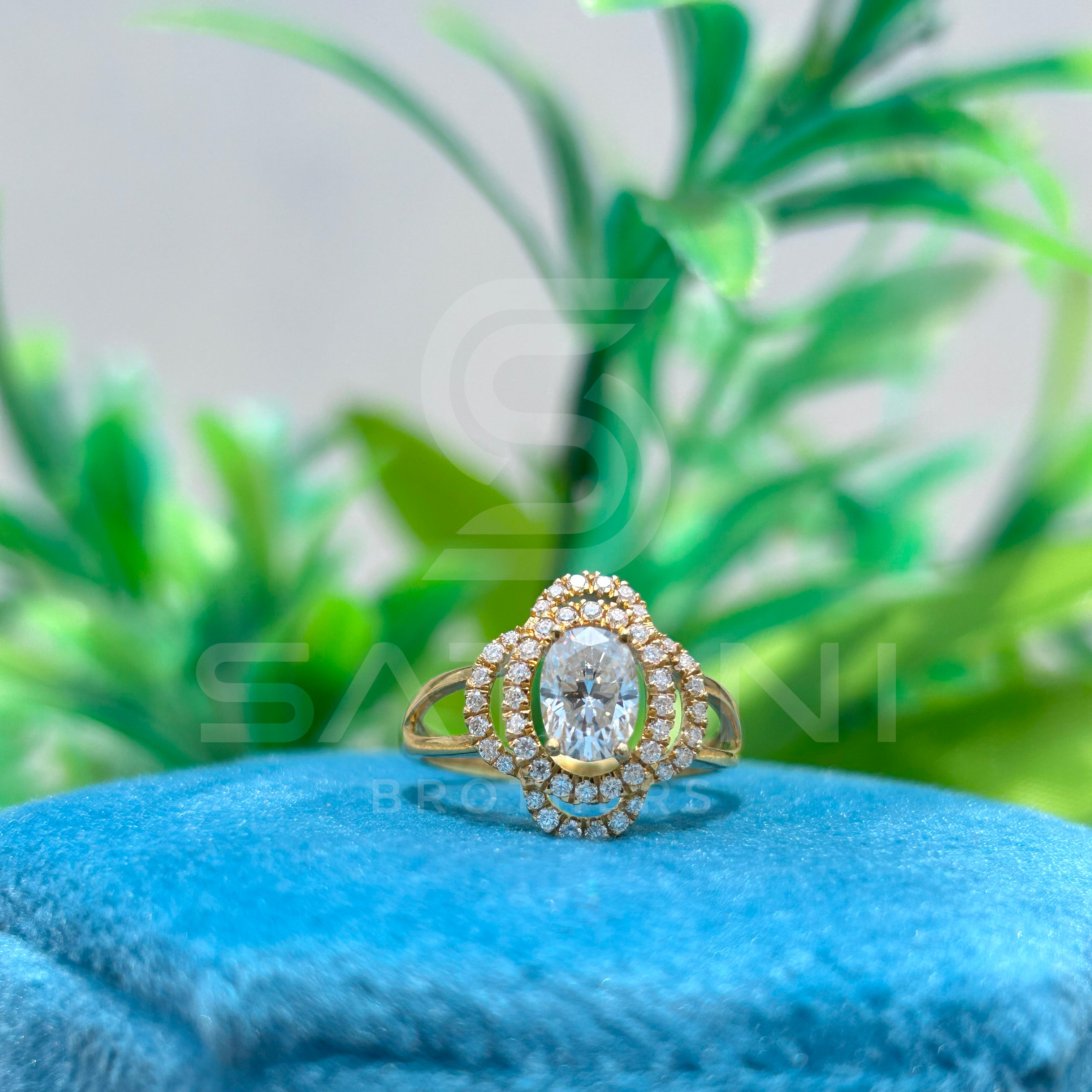 Oval Cut Moissanite Halo Engagement Ring – Double Halo Split Shank Vintage Style Moissanite Jewellery in Yellow Gold, Elegant Bridal Ring by Satani Brothers