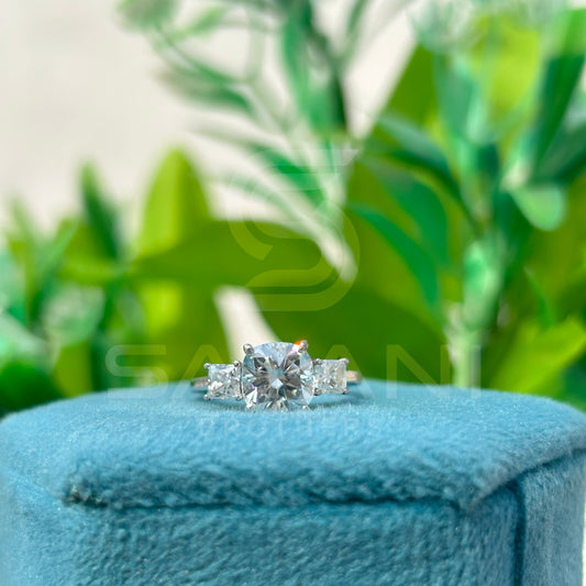 cushion Cut Diamond Three Stone Engagement Ring with Princess Cut Side Stones