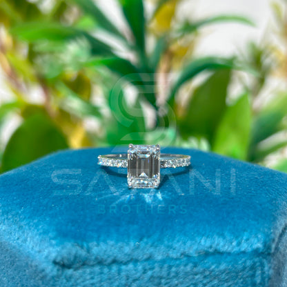 Emerald Cut Moissanite Engagement Ring | Solitaire Ring with Diamond Accent Band | Minimalist Proposal Ring | Modern Bridal Jewelry