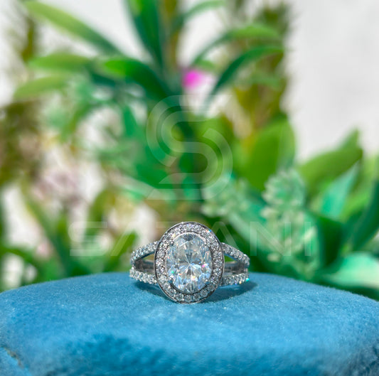 "Oval Cut Halo Diamond Engagement Ring with Split Shank – White Gold Oval Solitaire with Pave Band"