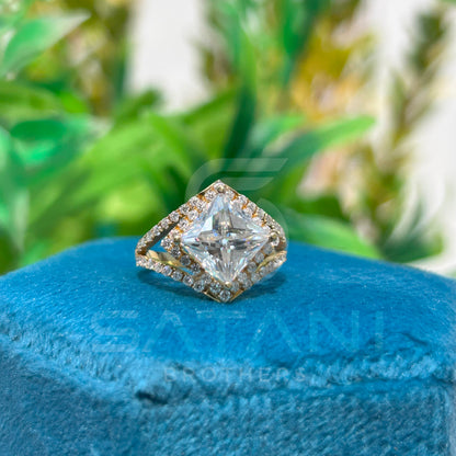 “Princess Cut Diamond Ring with Double Halo Split Shank – Statement Engagement Ring, 14K Gold Luxury Cocktail Ring”