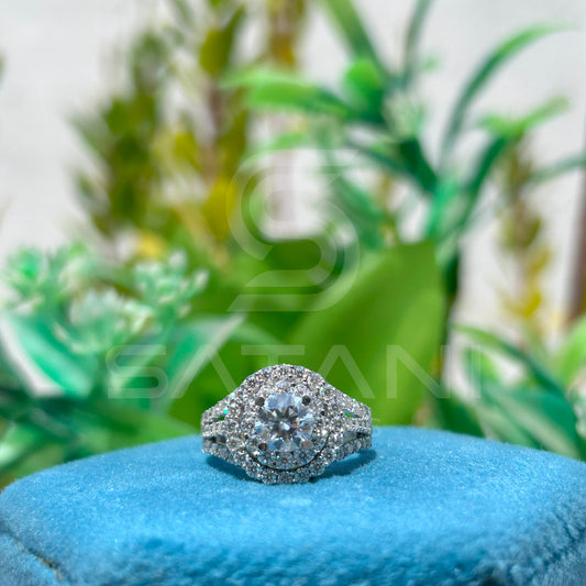 Round Moissanite Halo Engagement Ring – Double Halo Split Shank Ring, Luxury Bridal Jewelry