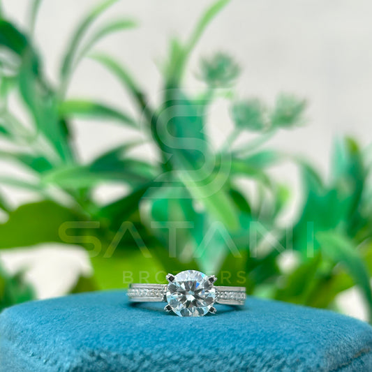 Round Cut Diamond Solitaire Engagement Ring, 10K White Gold Classic Bridal Ring, Pave Band Wedding Jewelry