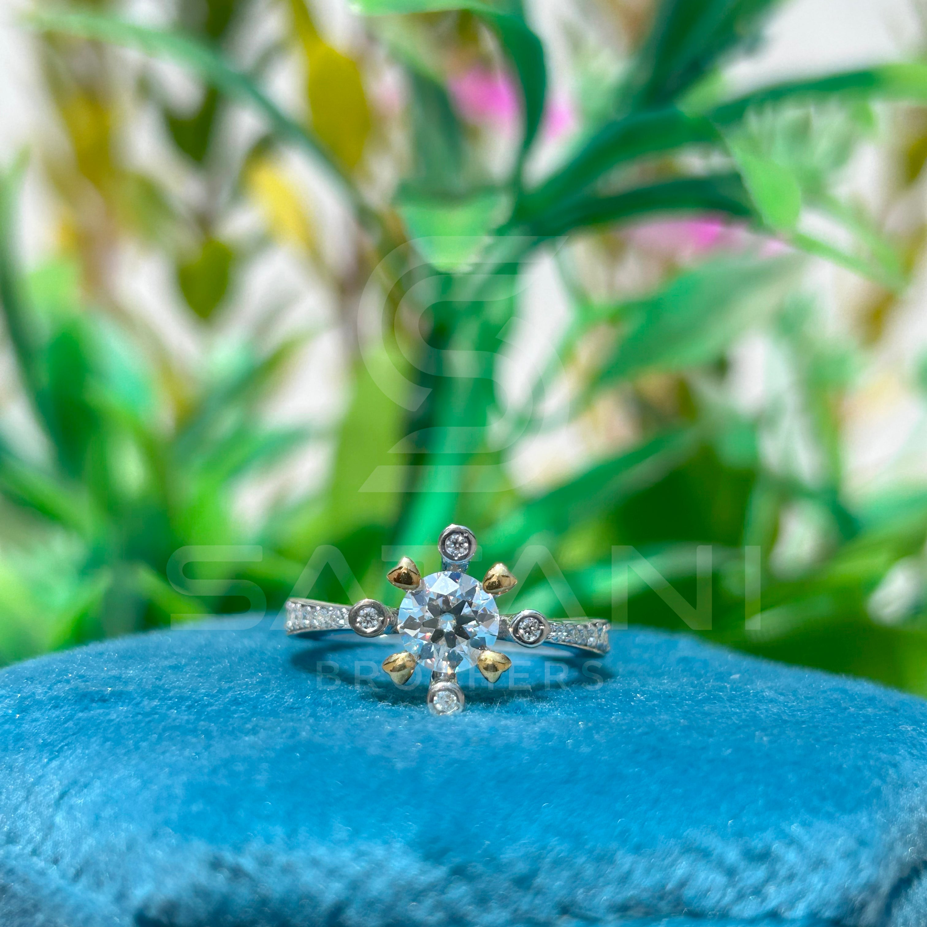 Modern Starburst Moissanite Ring | Two-Tone 925 Silver & Gold Accent Ring | Unique Celestial Engagement Ring | Satani Brothers Jewelry