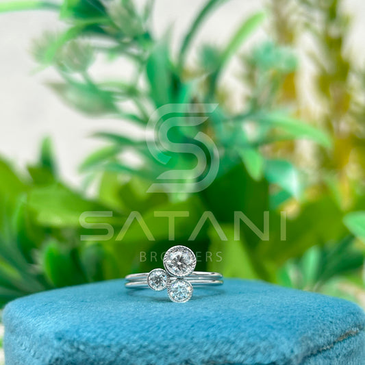 Three Stone Diamond Bezel Ring, 10K White Gold Engagement Ring, Modern Solitaire Bridal Jewelry