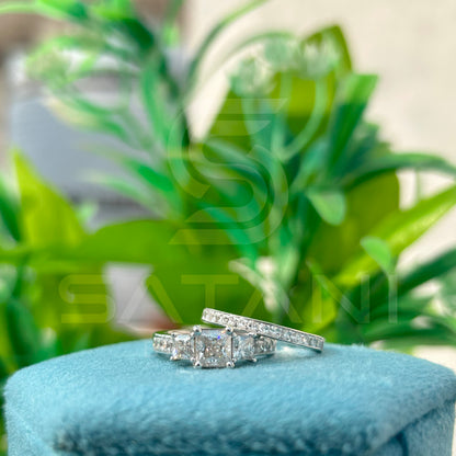 Princess Cut Moissanite Bridal Ring Set – Three Stone Engagement Ring with Matching Eternity Wedding Band, Sterling Silver/White Gold