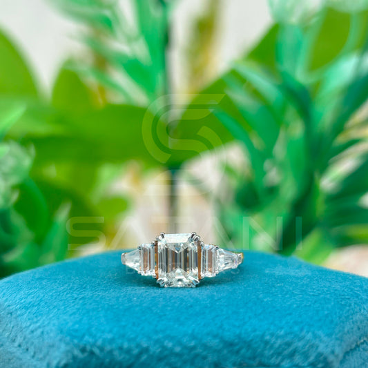 Five Stone Emerald Cut Moissanite Engagement Ring – Baguette & Tapered Baguette Side Stones, 14K Yellow Gold Classic 5 Stone Ring