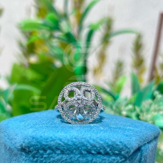 Floral Wheel Moissanite Statement Ring | Designer Round Cut Cocktail Ring in 925 Silver | Bold Geometric Halo Ring | Satani Brothers Jewelry