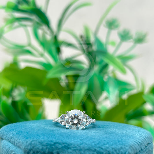 14K White Gold Moissanite Engagement Ring | 9mm Round Center Stone with Trillion Side Stones & Pave Band | Classic Three Stone Ring