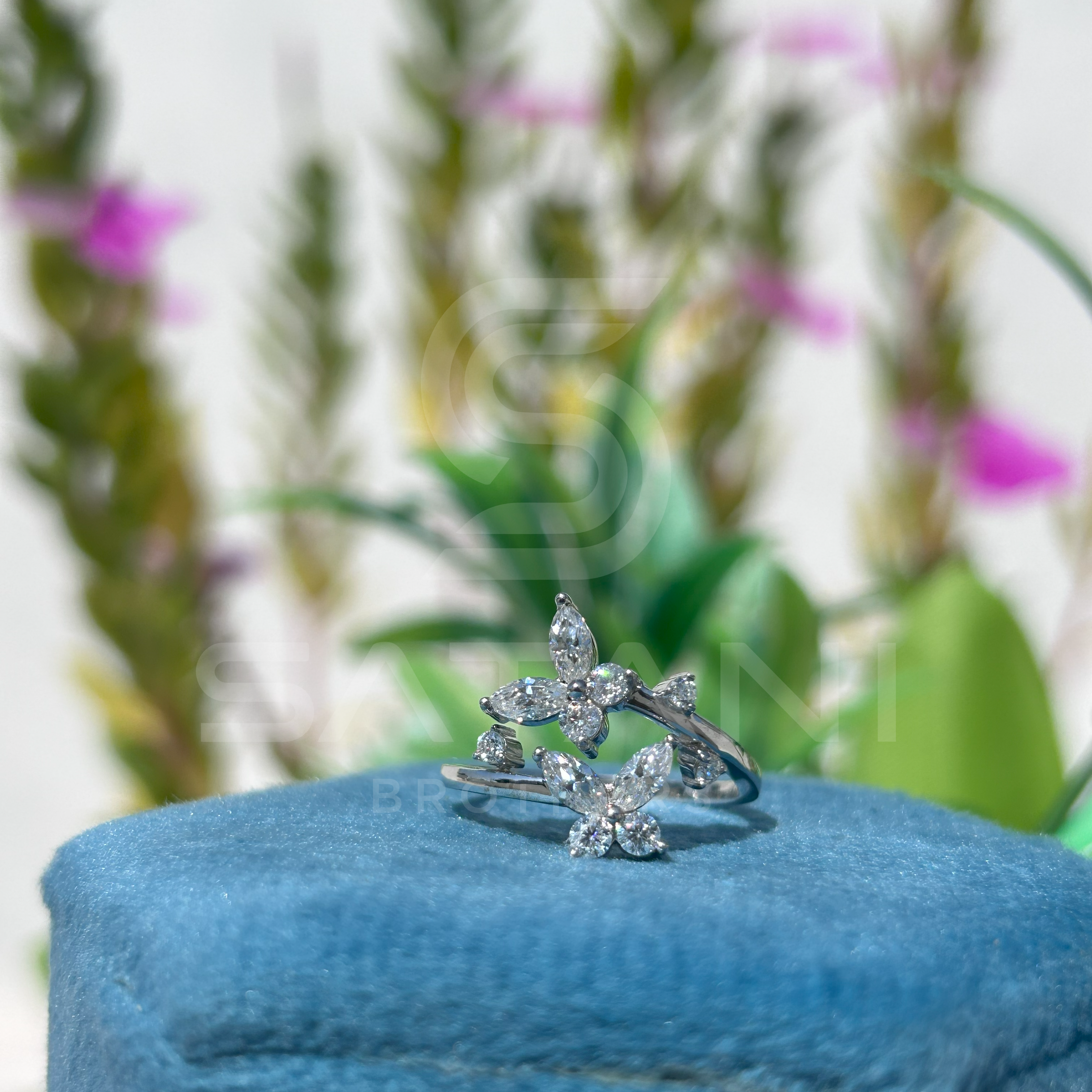 "Floral Butterfly Diamond Ring in White Gold"