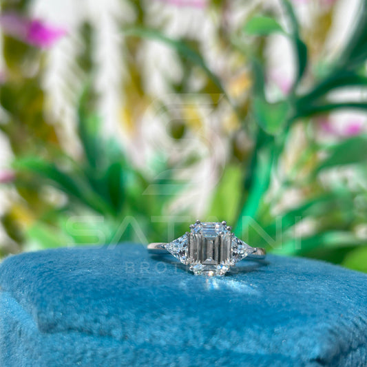 Emerald Cut Three-Stone Engagement Ring | Moissanite Trapezoid Side Stones | Elegant Art Deco Style Promise Ring | Sterling Silver Bridal Ring