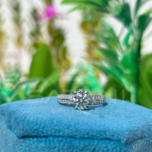 Moissanite Engagement Ring | Double Row Pavé Band | Round Cut | Sterling Silver | Dainty Sparkling Bridal Ring | Proposal Jewelry