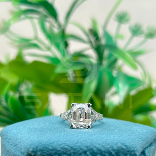 "Emerald Cut Moissanite Engagement Ring with Side Accents in Sterling Silver"