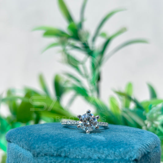 Classic Moissanite Solitaire Engagement Ring | 6-Prong Round Cut with Pave Band | Dainty Sparkling Proposal Ring | Timeless Bridal Jewelry