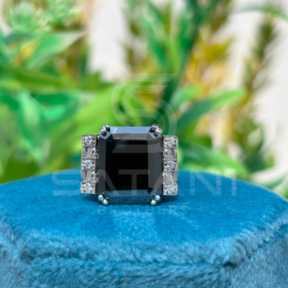 Men’s Black Onyx Emerald Cut Ring – Vintage Art Deco Statement Ring with Side Stones