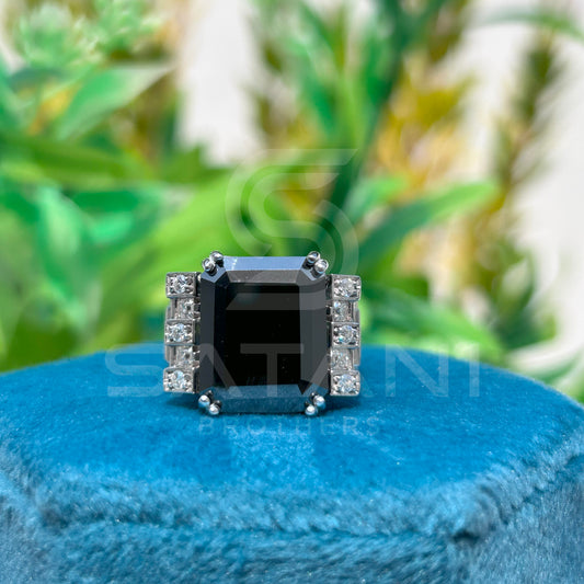Men’s Black Onyx Emerald Cut Ring – Vintage Art Deco Statement Ring with Side Stones