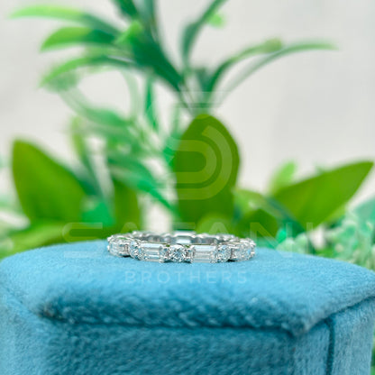 Baguette and Round Moissanite Eternity Band | Dainty Stacking Wedding Ring | Sterling Silver Anniversary Band | Modern Bridal Jewelry