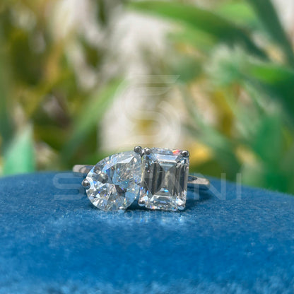 "Two Stone Moissanite Engagement Ring – Pear and Emerald Cut Toi et Moi Design, 14K White Gold, Modern Bridal Jewelry"