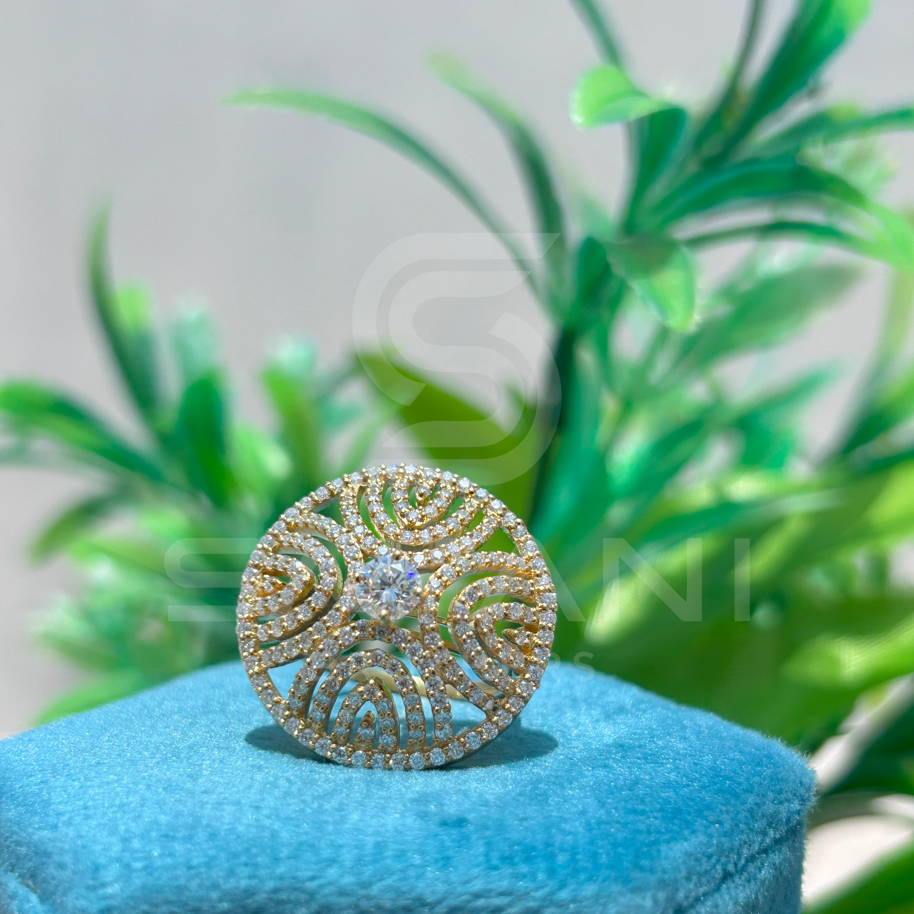 Moissanite Diamond Round Dome Cocktail Ring | 14K Gold Statement Ring | Designer Art Deco Spiral Ring | Satani Brothers Fine Jewelry
