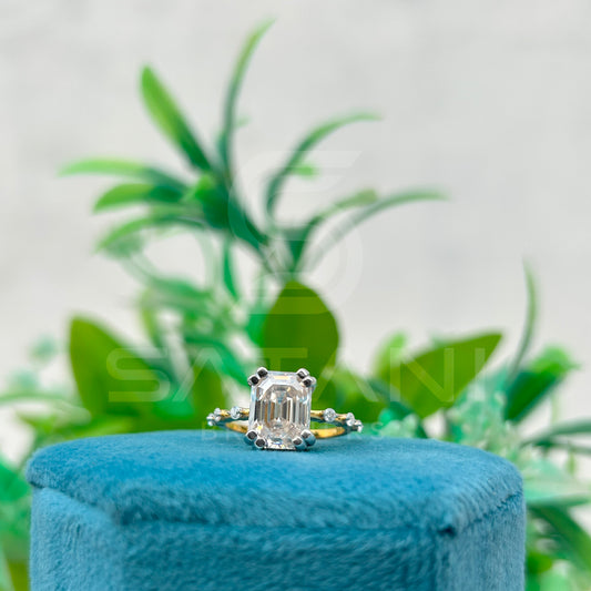 Emerald Cut Moissanite Ring with Side Accents | Two-Tone Yellow Gold & Silver Engagement Ring | Unique Vintage-Inspired Bridal Ring