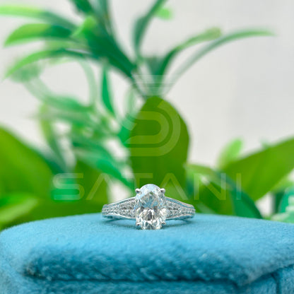 Oval Cut Diamond Engagement Ring, 10K White Gold Solitaire Ring with Side Stones, Classic Bridal Jewelry