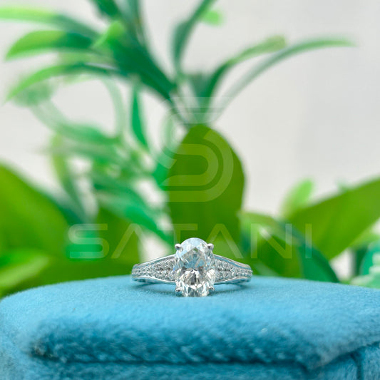 Oval Cut Diamond Engagement Ring, 10K White Gold Solitaire Ring with Side Stones, Classic Bridal Jewelry