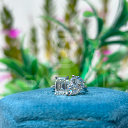 Eternal Duo Toi et Moi Ring – Emerald Cut & Pear Cut Diamonds in Platinum
