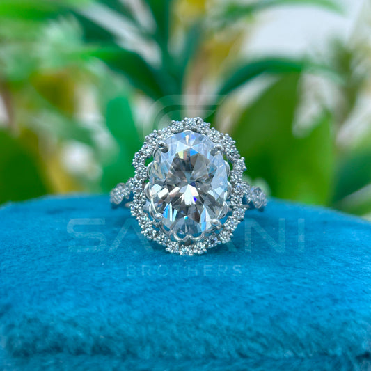 Elegant Oval Cut Moissanite Ring | Round Accent Stones | Vintage-Inspired Bridal Jewelry