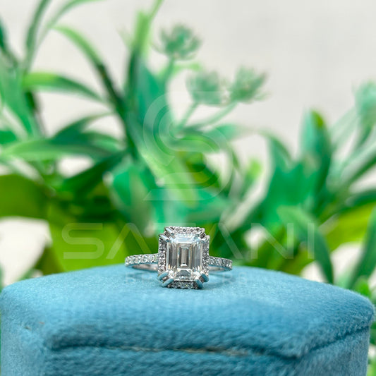Emerald Cut Moissanite Engagement Ring – Dainty Pavé Band Moissanite Jewellery in White Gold, Elegant Bridal & Anniversary Ring by Satani Brothers