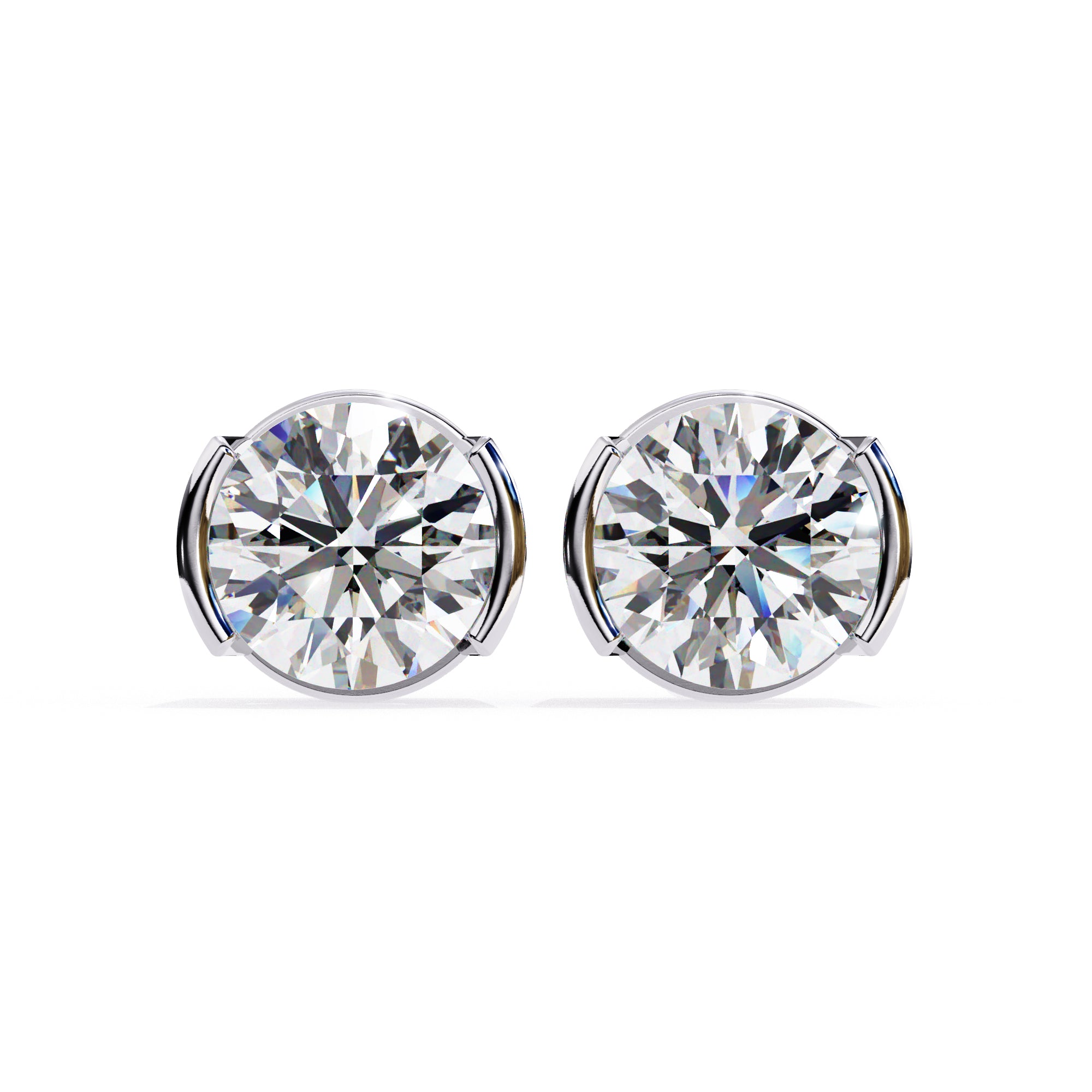 925 silver round diamond stud earrings with unique prong design, 7x7mm, 2.5 Ct total weight.