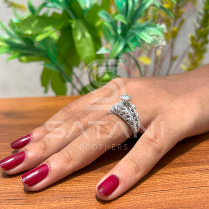 "Vintage-Inspired Oval Halo Engagement Ring – Triple Row Pave Band with Filigree Detailing"