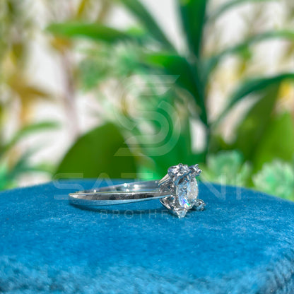 Floral Solitaire Moissanite Ring – White Gold Engagement Ring with Flower Accent – Dainty Promise Ring for Her