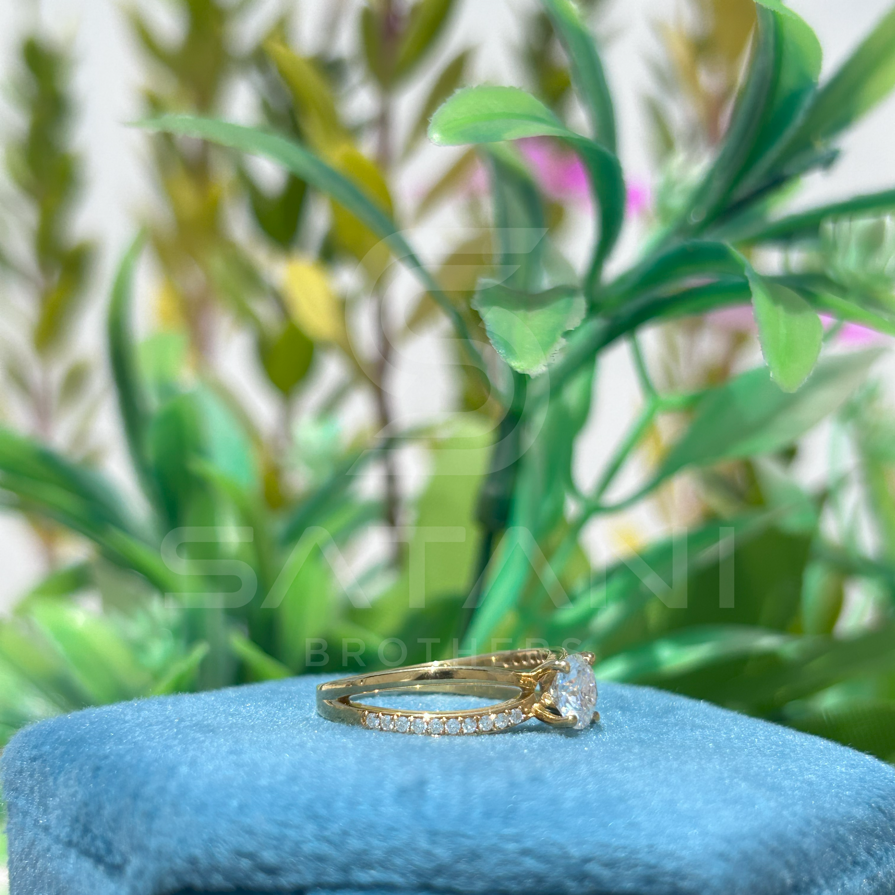 Gold Moissanite Engagement Ring | Round Cut Solitaire with Pave Band | Dainty Split Shank Ring | Minimalist Promise Ring | 925 Gold Plated Silver