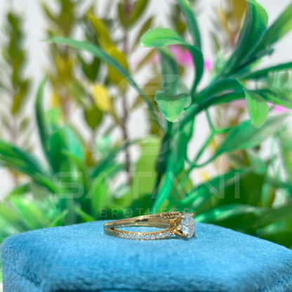 Gold Moissanite Engagement Ring | Round Cut Solitaire with Pave Band | Dainty Split Shank Ring | Minimalist Promise Ring | 925 Gold Plated Silver