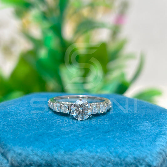 Round Cut Moissanite Engagement Ring | 14K White Gold | Dainty Solitaire with Side Stones | Bridal Ring | Sparkly Promise Ring | Gift for Her