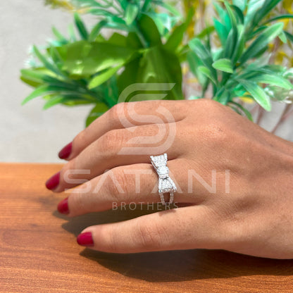Moissanite Bow Engagement Ring – Round Cut Solitaire with Pave Diamond Accents, Unique Ribbon Design Bridal Ring, White Gold/Platinum"