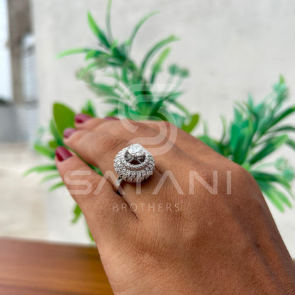 Round Halo Moissanite Statement Ring – Multi-Layer Pave Setting – Available in 925 Silver, 10K, 14K, 18K White or Rose Gold