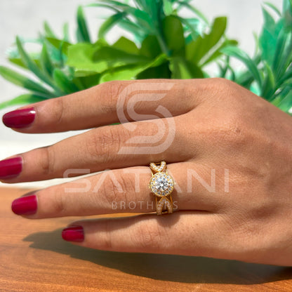 "Gold Moissanite Engagement Ring – Round Cut Solitaire with Halo and Split Shank Pave Band, Unique Diamond Alternative Bridal Ring"