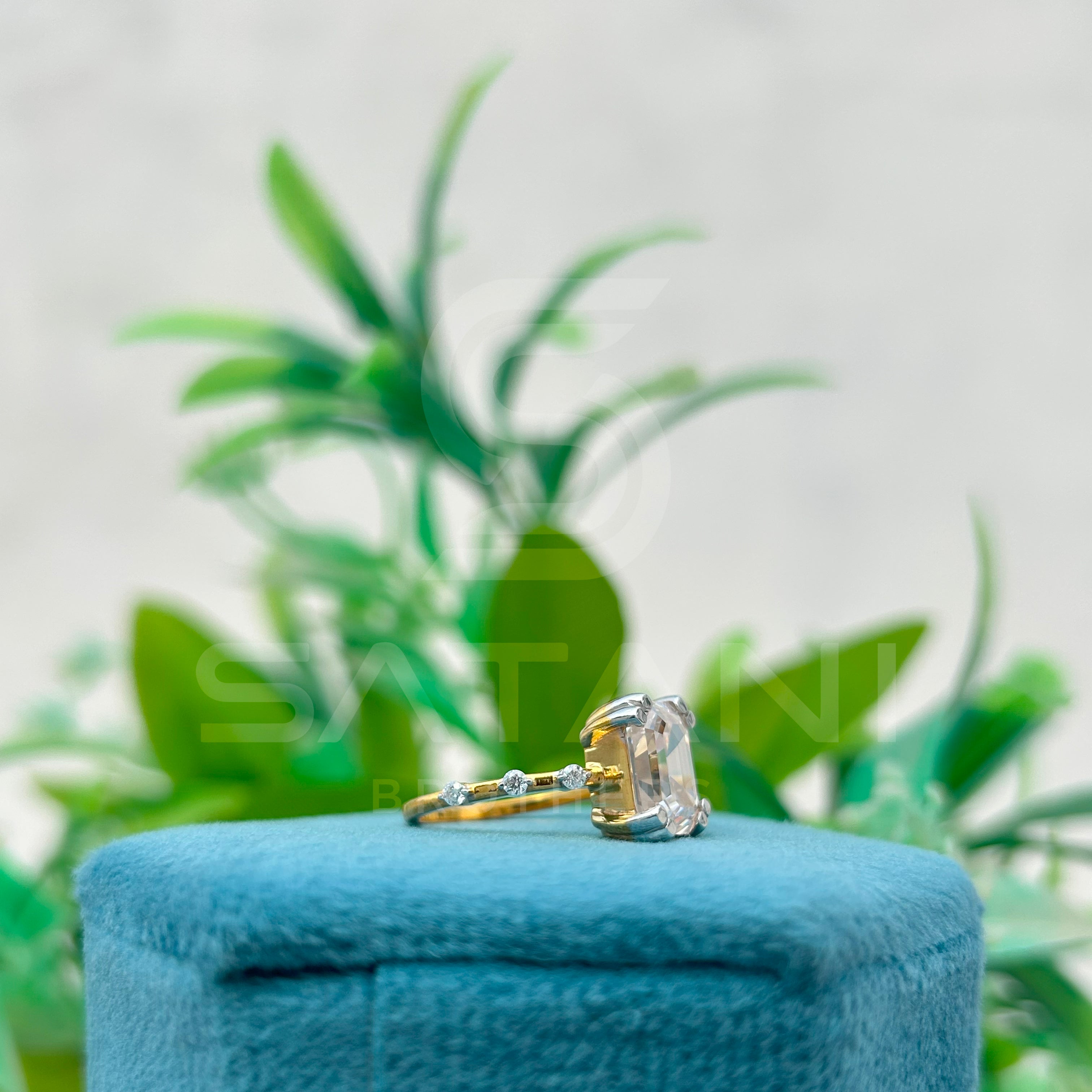 Emerald Cut Moissanite Ring with Side Accents | Two-Tone Yellow Gold & Silver Engagement Ring | Unique Vintage-Inspired Bridal Ring
