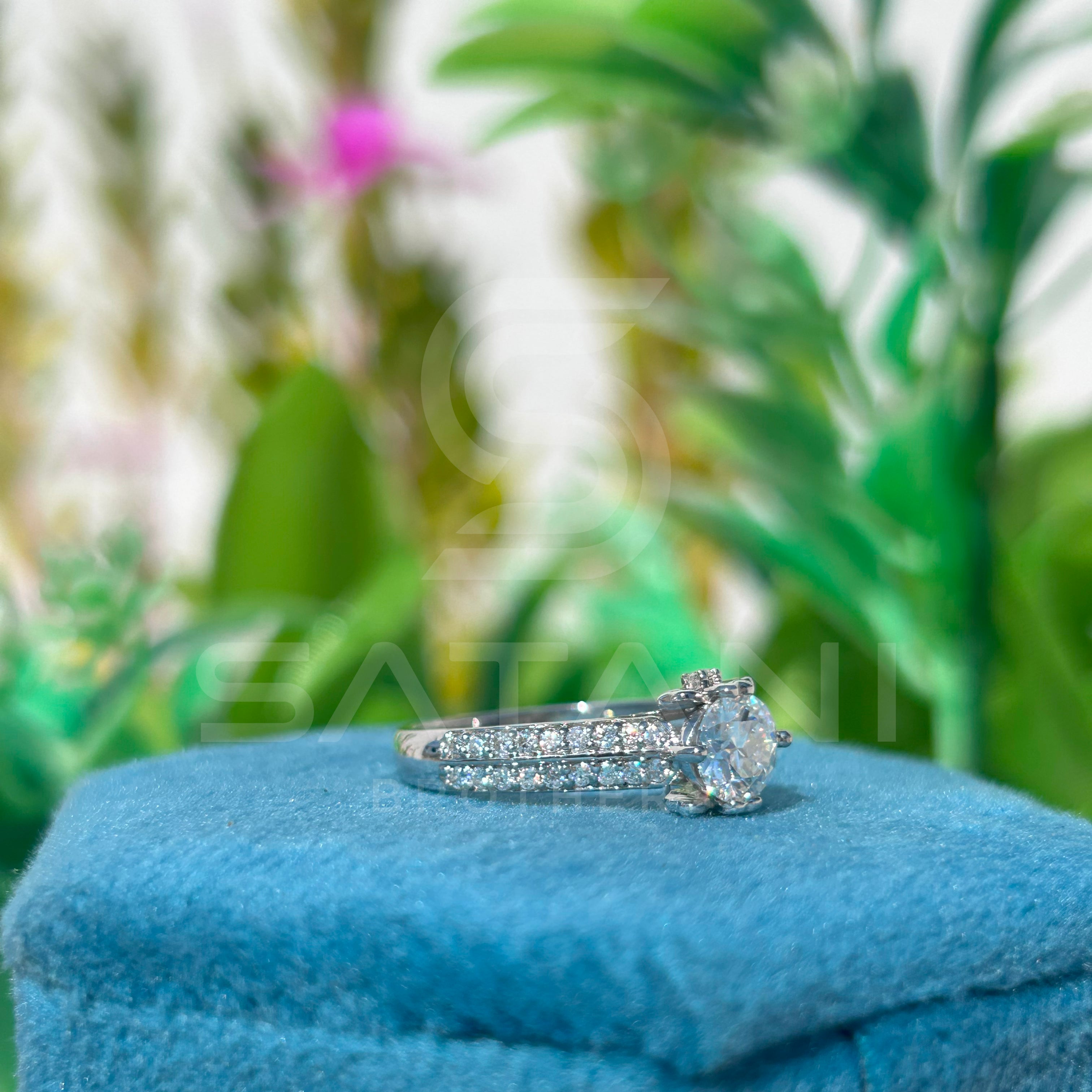 Moissanite Engagement Ring | Double Row Pavé Band | Round Cut | Sterling Silver | Dainty Sparkling Bridal Ring | Proposal Jewelry