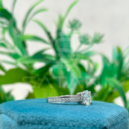 Round Cut Diamond Solitaire Engagement Ring, 10K White Gold Classic Bridal Ring, Pave Band Wedding Jewelry