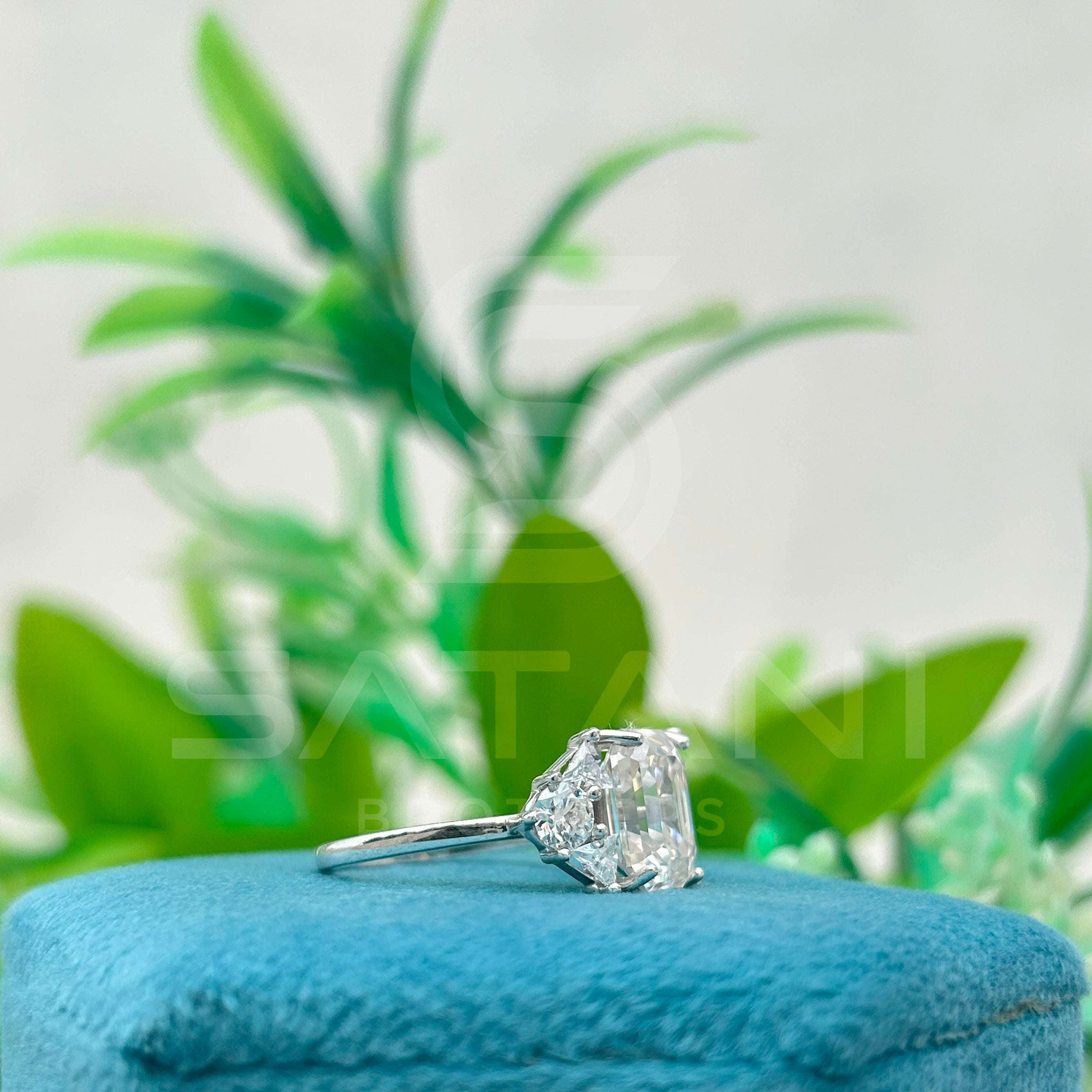 Vintage Emerald Cut Engagement Ring | Art Deco Moissanite Ring with Halo and Side Accents | Glamorous Statement Bridal Jewelry