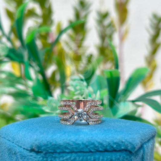 Unique Moissanite Engagement Ring | Split Shank Spider Design | Rose Gold Statement Ring | Dainty Pave Band | Alternative Bridal Jewelry