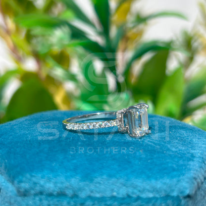 Emerald Cut Moissanite Engagement Ring | Solitaire Ring with Diamond Accent Band | Minimalist Proposal Ring | Modern Bridal Jewelry