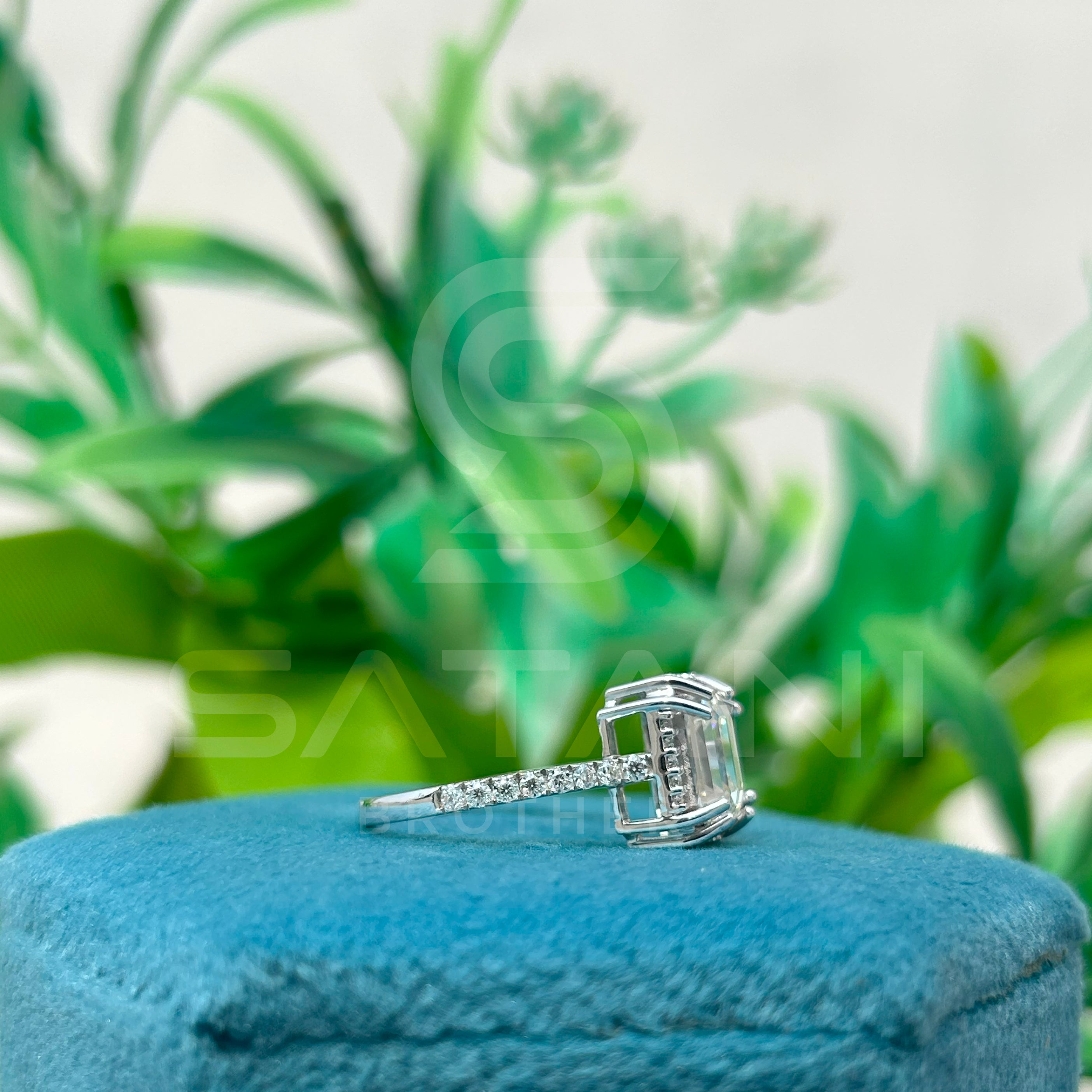 Emerald Cut Moissanite Engagement Ring – Dainty Pavé Band Moissanite Jewellery in White Gold, Elegant Bridal & Anniversary Ring by Satani Brothers