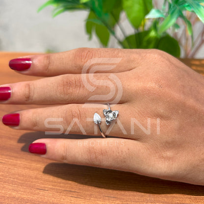 Sterling Silver Rose & Leaf Adjustable Ring – Nature-Inspired Floral Design