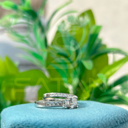 Princess Cut Moissanite Bridal Ring Set – Three Stone Engagement Ring with Matching Eternity Wedding Band, Sterling Silver/White Gold